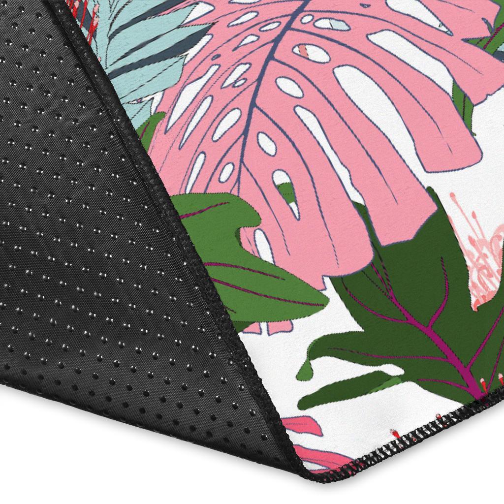 Pink Monstera And Green Tropical Leaves White Rug - Polynesian Pride