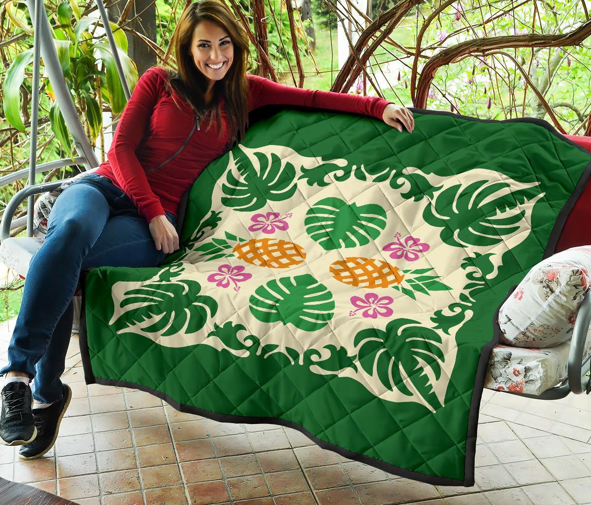 Hawaiian Pineapple Hibiscus Pattern Premium Quilt - Burgundy - Argu Style - AH - Polynesian Pride
