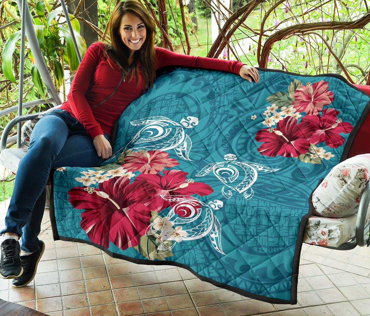 Hawaii Turtle Hibiscus Plumeria Blue Polynesian - Premium Quilt AH - Polynesian Pride