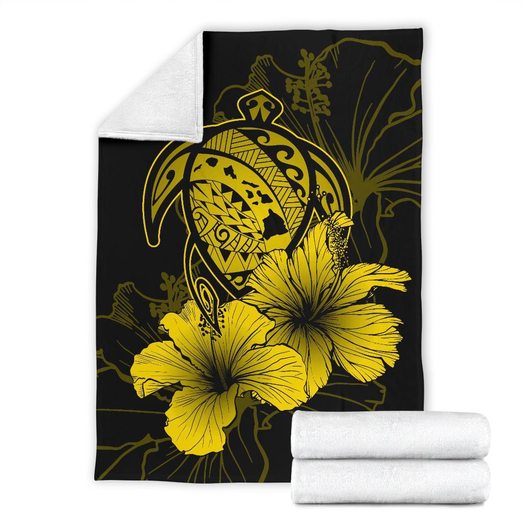 Hawaii Hibiscus Premium Blanket - Turtle Map - Yellow AH - Polynesian Pride