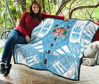 Fiji Premium Quilt - Fiji Coat Of Arms Polynesian White Tattoo (Blue) - Polynesian Pride