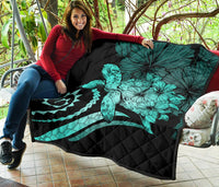Hawaii Turtle Hibiscus Polynesian Vintage Premium Quilt - Turquoise - Polynesian Pride