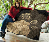 Hawaiian Map Turtle Hibiscus Vintage Polynesian Premium Quilt Gold - Polynesian Pride