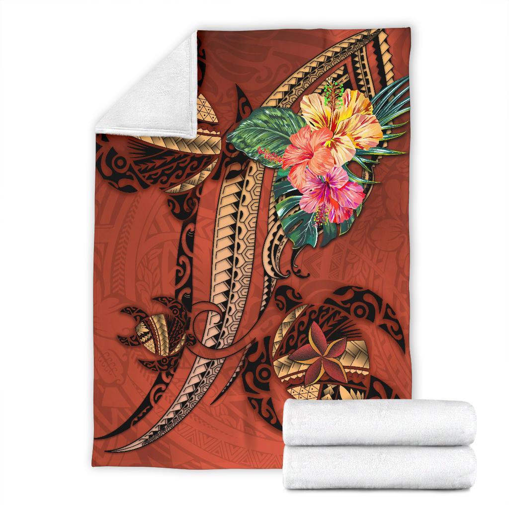 Polynesian Turtle Premium Blanket - Tribal Tattoo with Hibiscus Coral - Polynesian Pride