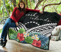Cook Islands Premium Quilt - Cook Islands Coat of Arms & Polynesian Tropical Flowers White - Polynesian Pride