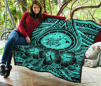 Hawaii Premium Quilt - Hawaii Map Honu Hibiscus Turquoise Polynesian Premium Quilt - Polynesian Pride