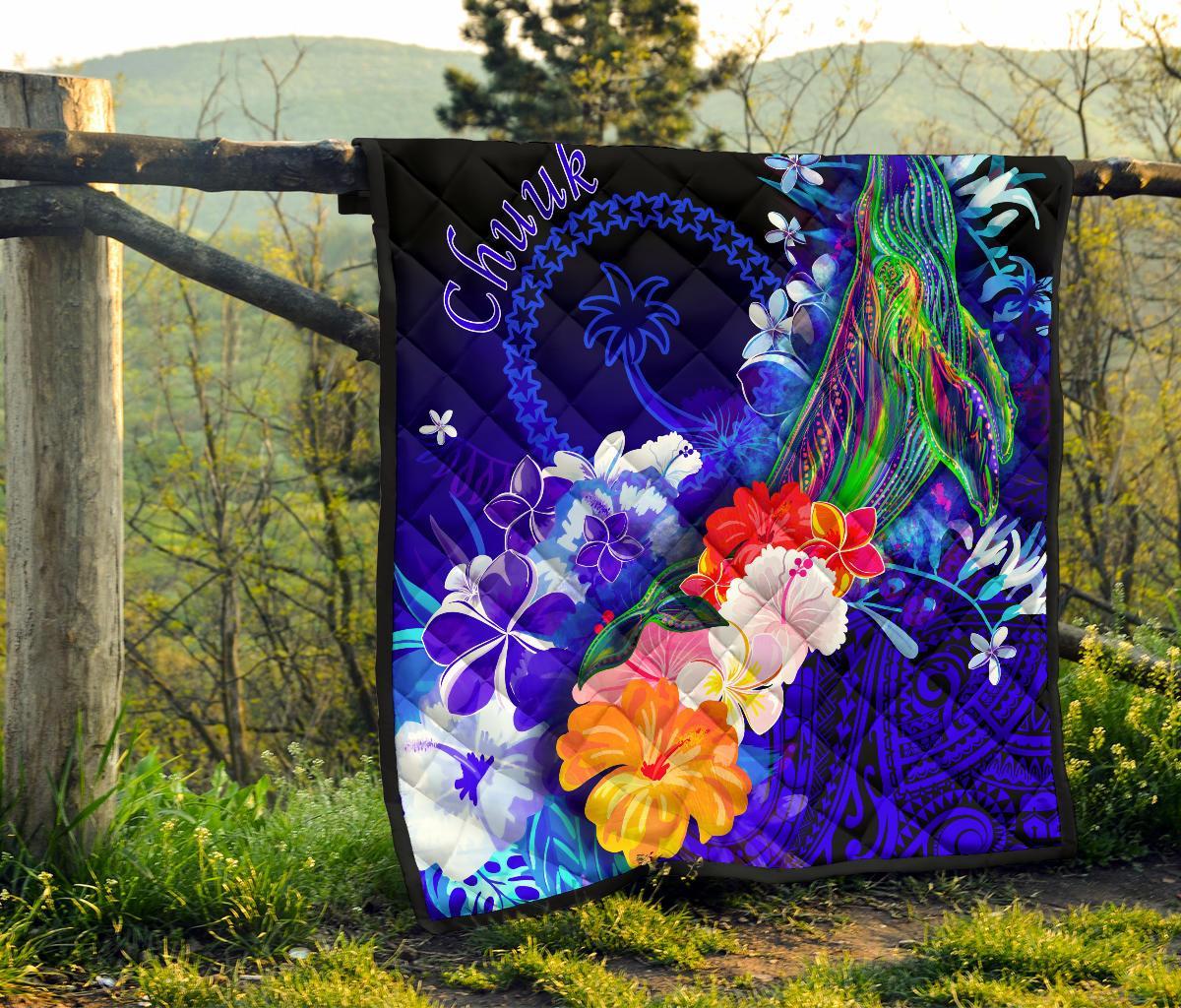 Chuuk Premium Quilt - Humpback Whale with Tropical Flowers (Blue) - Polynesian Pride