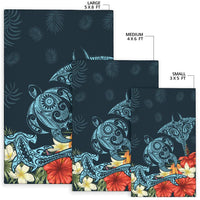 Hawaii Turtle Shark Manta Ray Hibiscus Plumeria Rug - Polynesian Pride