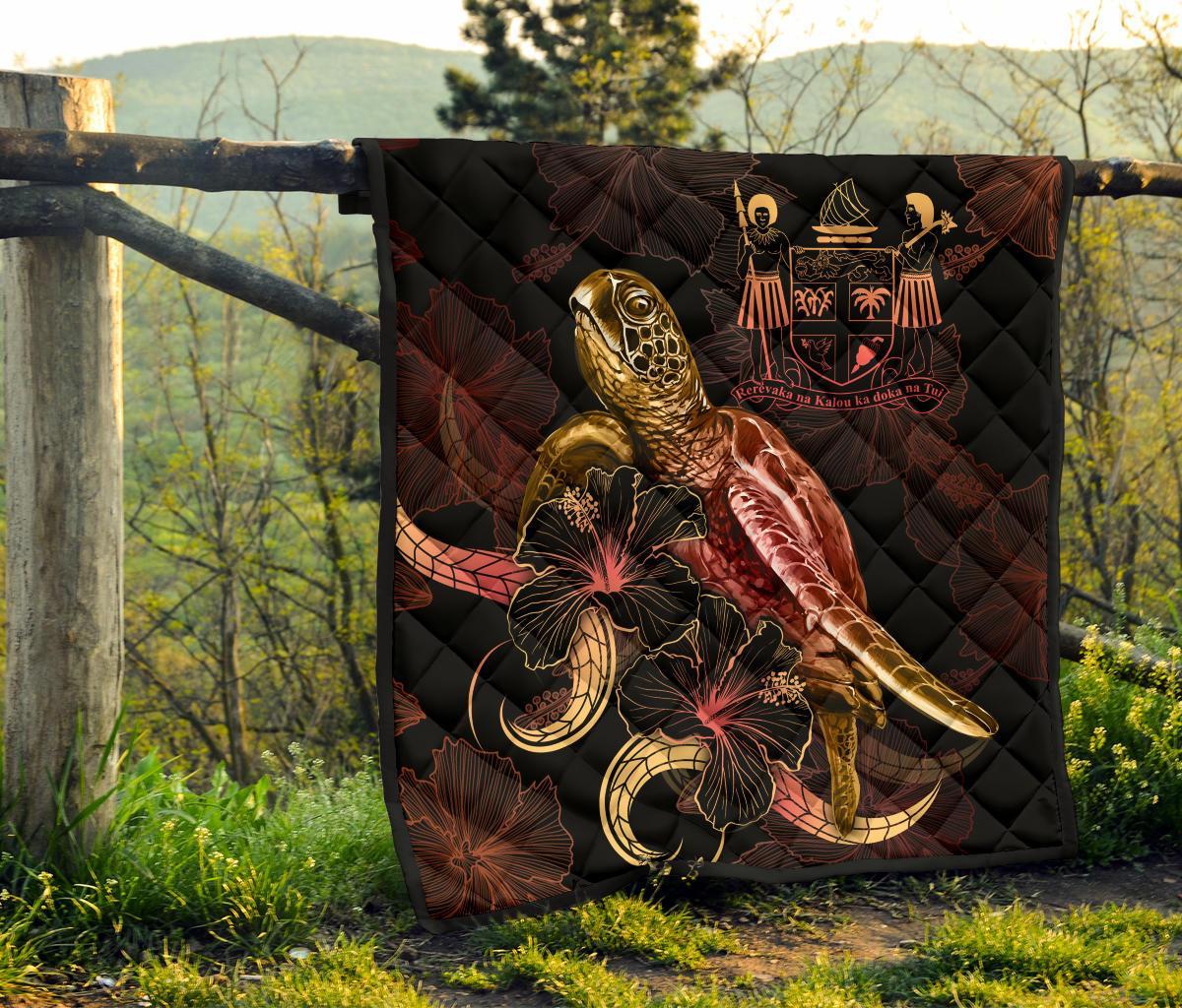 Fiji Polynesian Premium Quilt - Turtle With Blooming Hibiscus Gold - Polynesian Pride