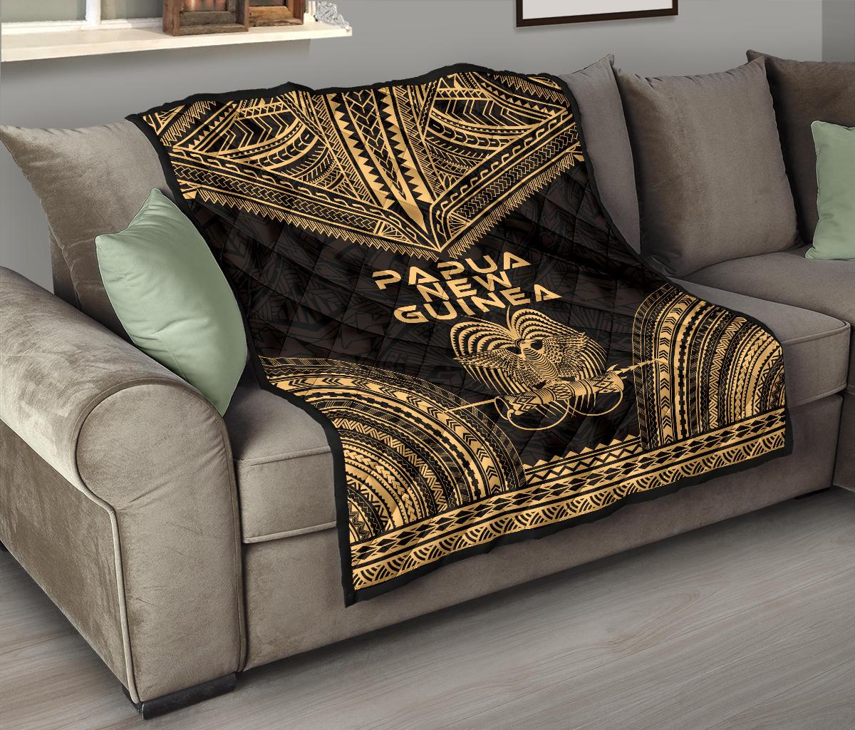 Papua New Guinea Premium Quilt - Papua New Guinea Coat Of Arms Polynesian Chief Gold Version - Polynesian Pride