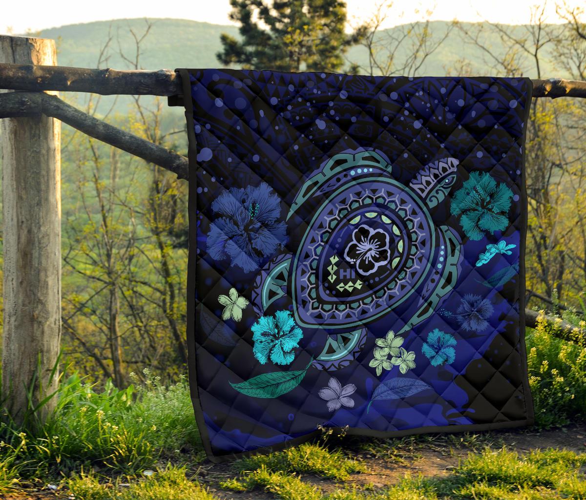 Hawaiian Blue Ocean Honu And Flowers Premium Quilt - Polynesian Pride