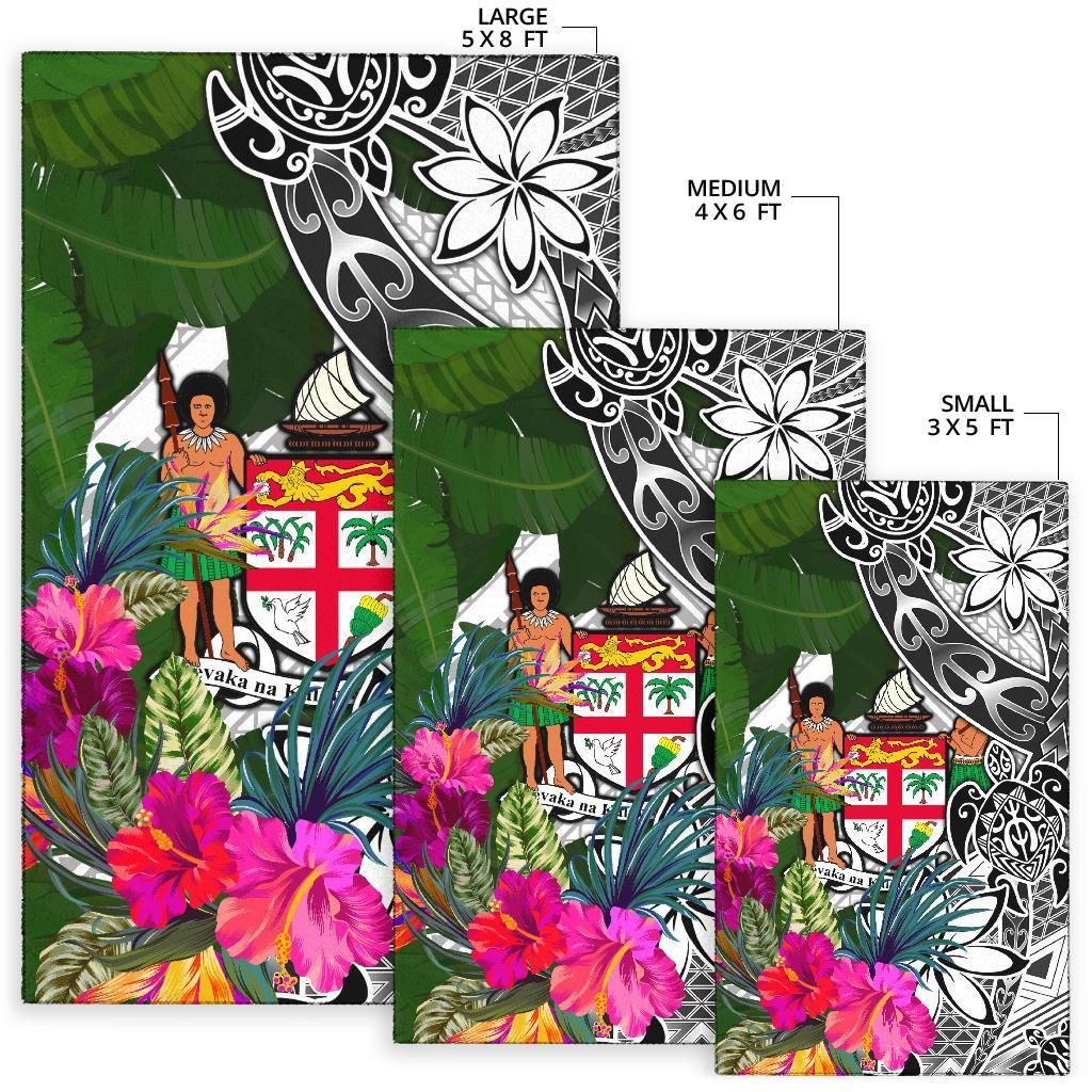 Fiji Area Rug White - Turtle Plumeria Banana Leaf Crest - Polynesian Pride