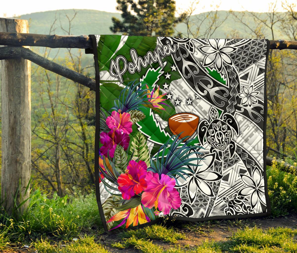 Pohnpei Premium Quilt White - Turtle Plumeria Banana Leaf - Polynesian Pride