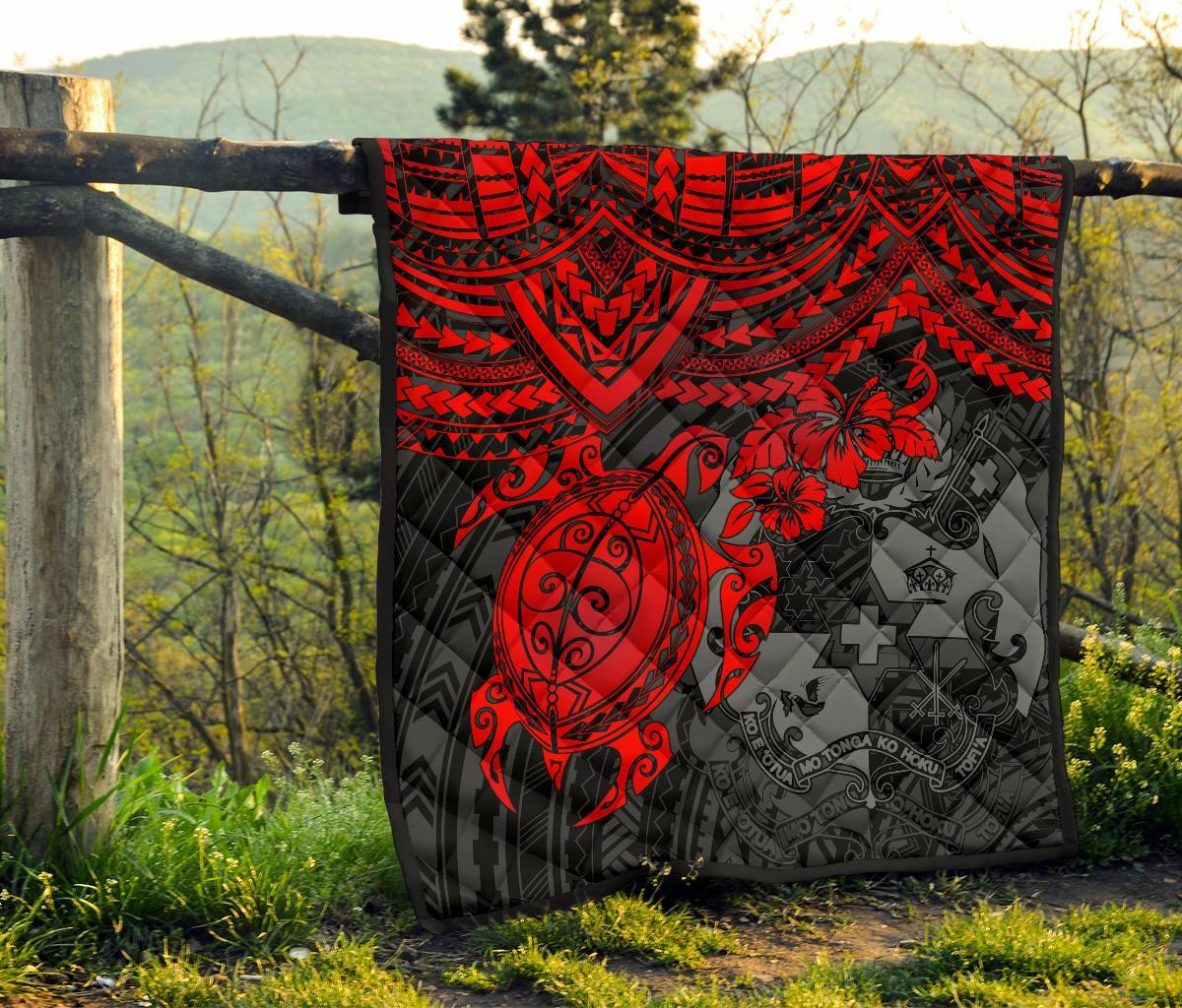 Tonga Polynesian Premium Quilts - Tonga Coat Of Arms & Red Turtle Hibiscus - Polynesian Pride