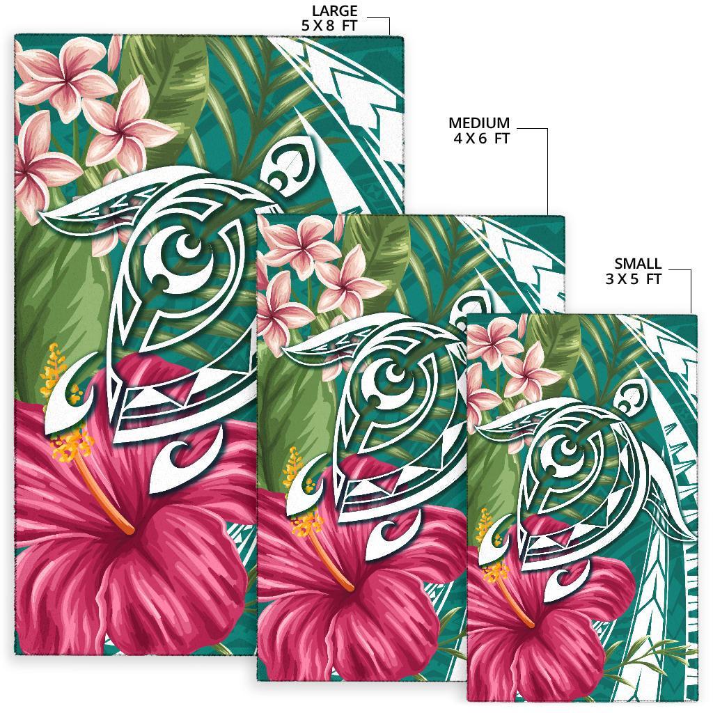 Hawaii Polynesian Turtle Tropical Hibiscus Plumeria Rug - Turquoise - Polynesian Pride