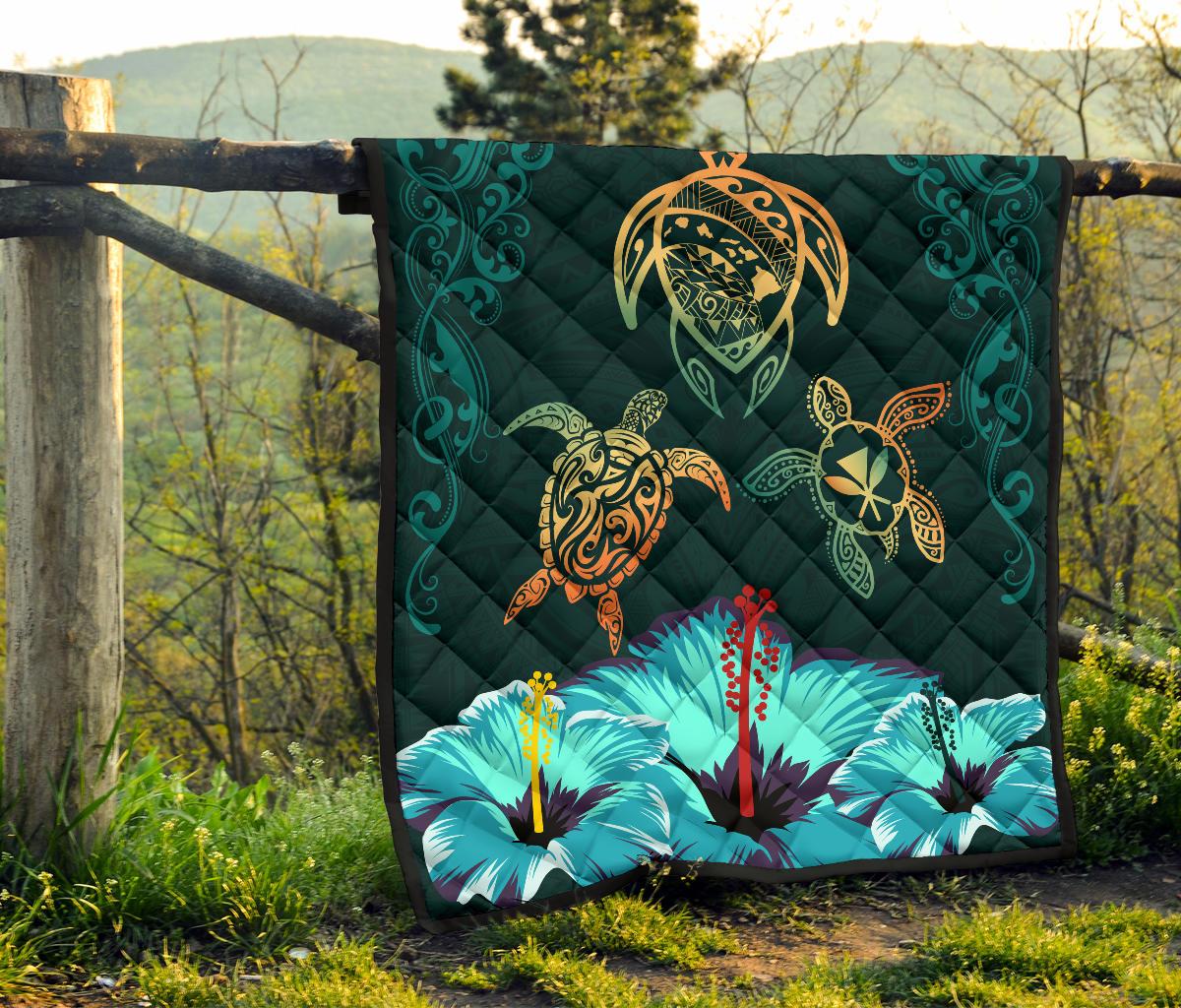 Hawaii Map Turtle Hibiscus Polynesian Luxury Premium Quilt - Honu Ohana - Polynesian Pride
