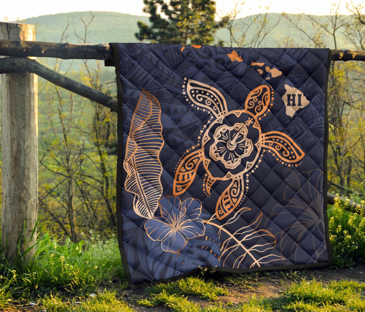 Hawaii Kakau Polynesian Turtle Map Premium Quilt - Indigo - Polynesian Pride