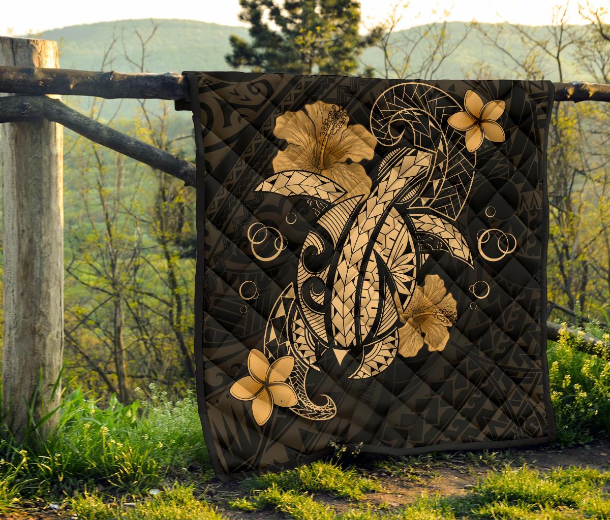 Hawaii Turtle Flower Polynesian Premium Quilt - Gold - Polynesian Pride