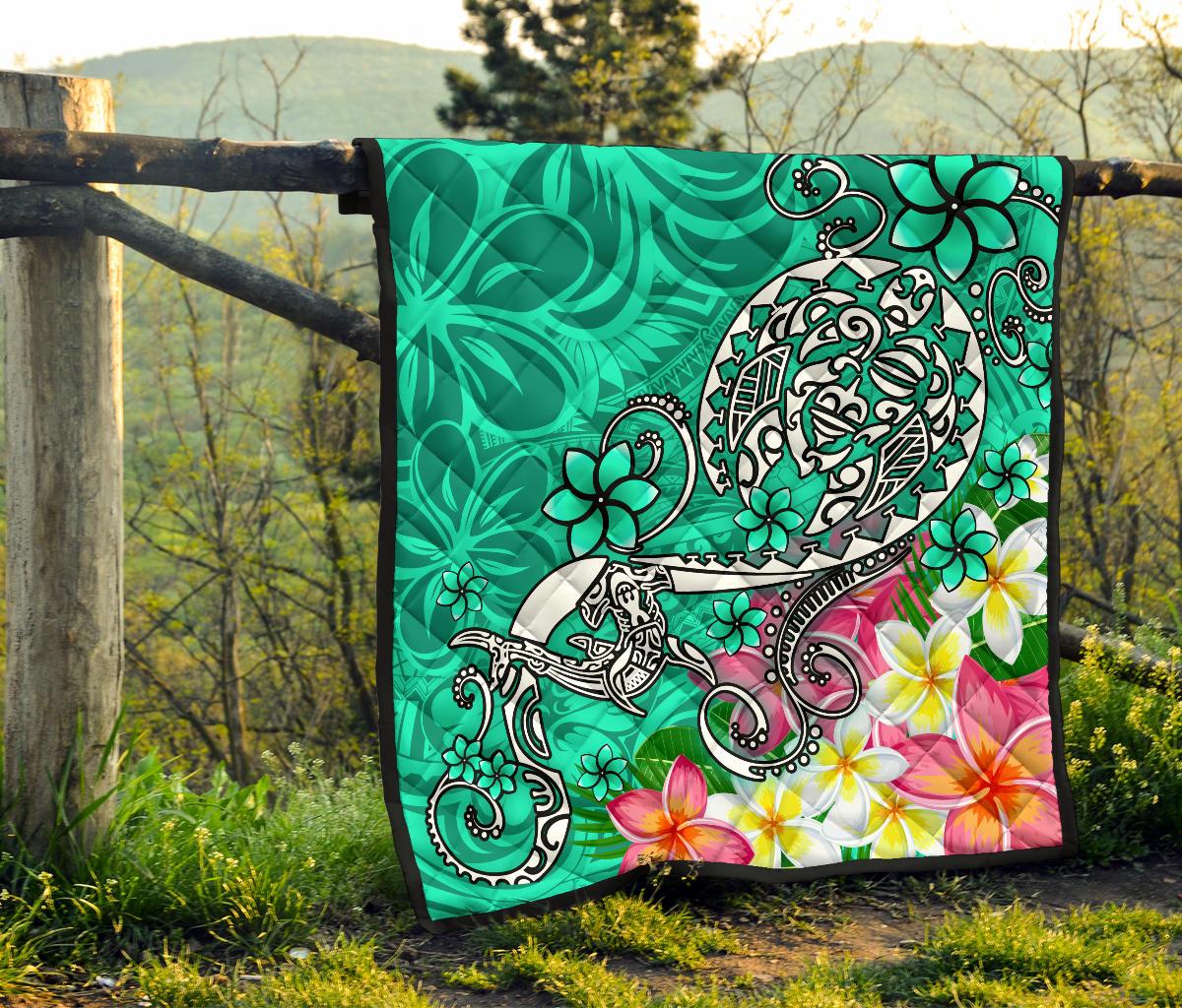 Polynesian Premium Quilt - Turtle Plumeria Turquoise Color - Polynesian Pride