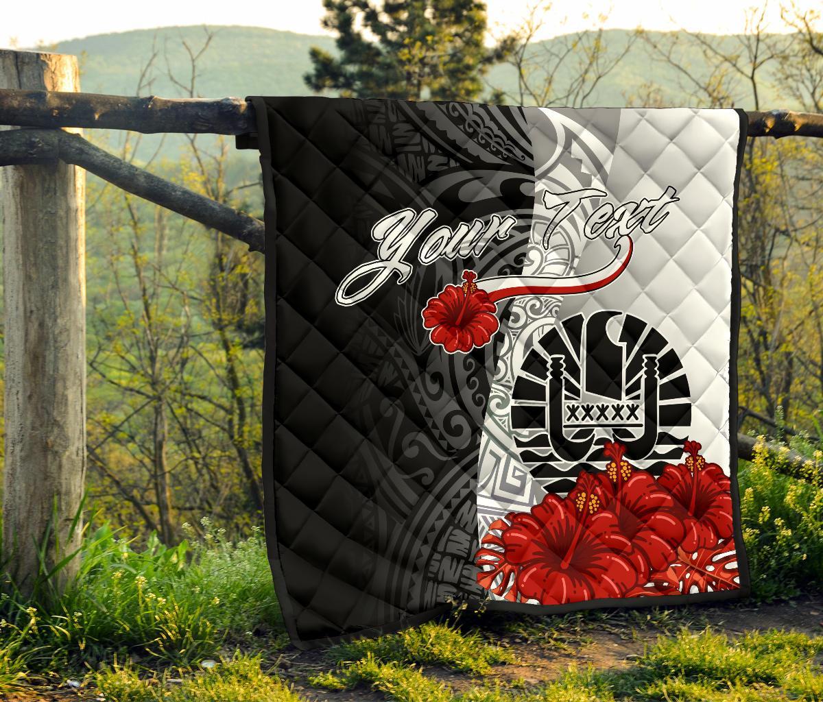 Tahiti Polynesian Custom Personalised Premium Quilt - Coat Of Arm With Hibiscus White - Polynesian Pride