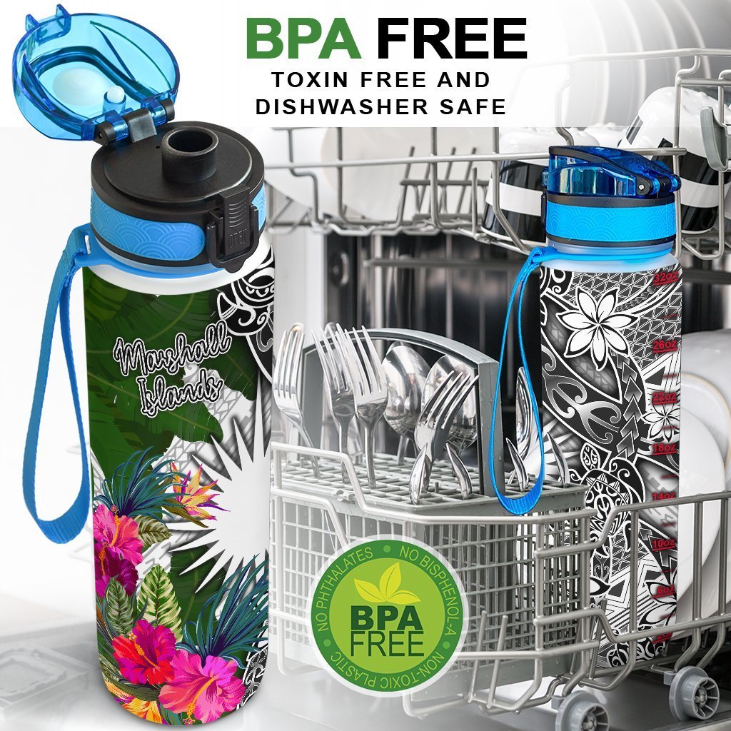 Marshall Islands Hydro Tracking Bottle White - Turtle Plumeria Banana Leaf - Polynesian Pride