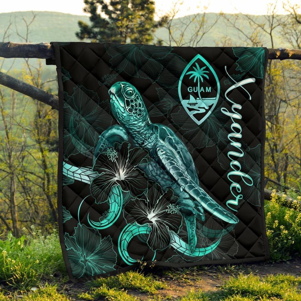 Guam Polynesian Premium Quilt - Turtle With Blooming Hibiscus Turquoise (Xyander Ver) Turquoise - Polynesian Pride