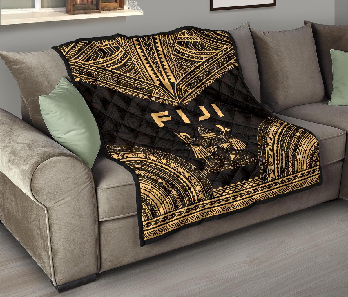 Fiji Premium Quilt - Fiji Coat Of Arms Polynesian Chief Gold Version - Polynesian Pride