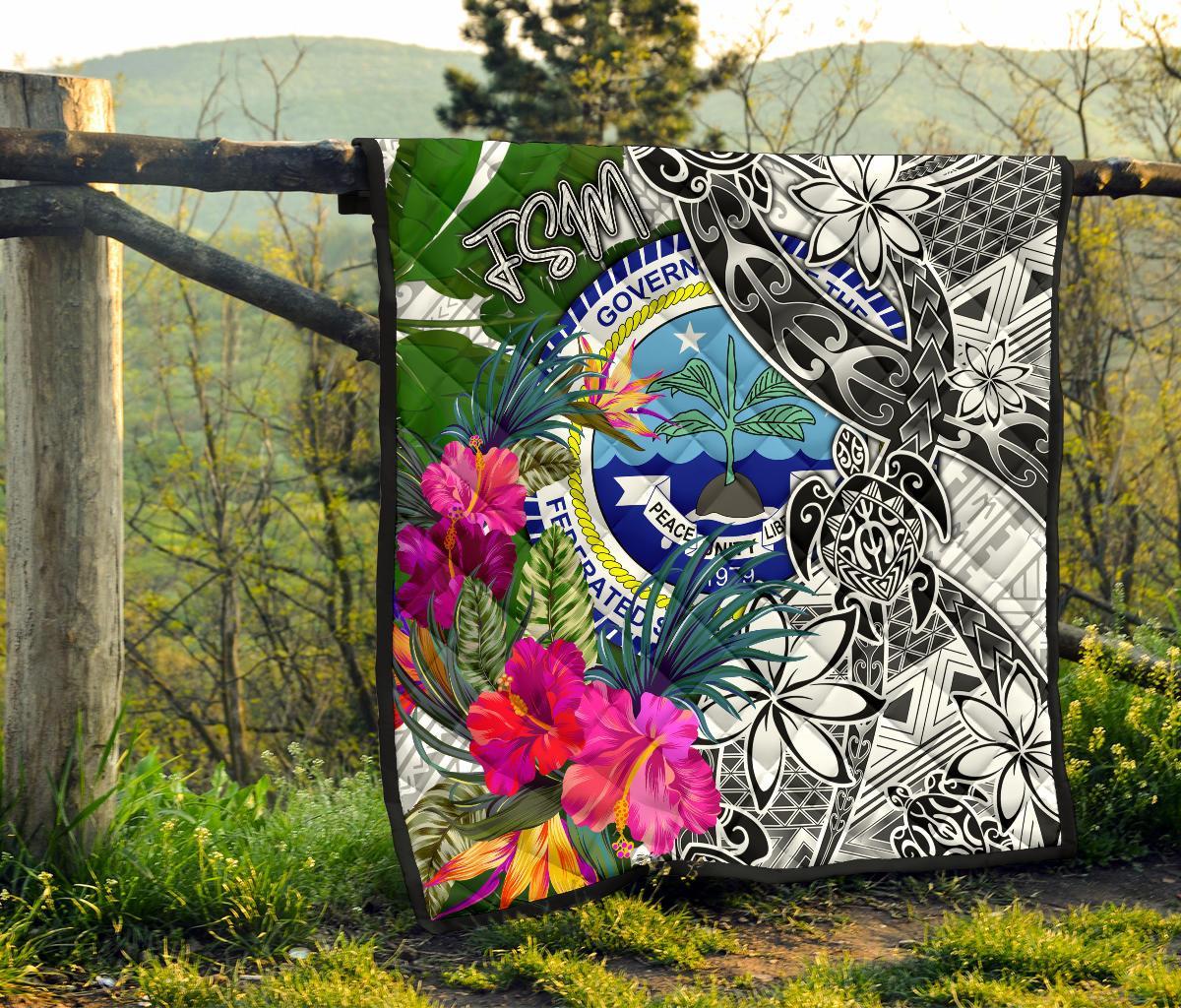 Federated States of Micronesia Premium Quilt White - Turtle Plumeria Banana Leaf - Polynesian Pride