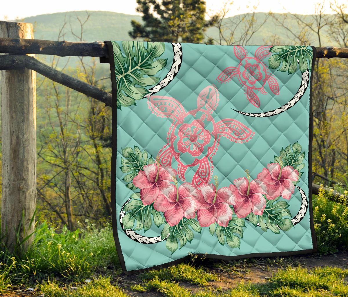 Hawaii Tropical Hibiscus Turtle Mint Style - Premium Quilt AH - Polynesian Pride