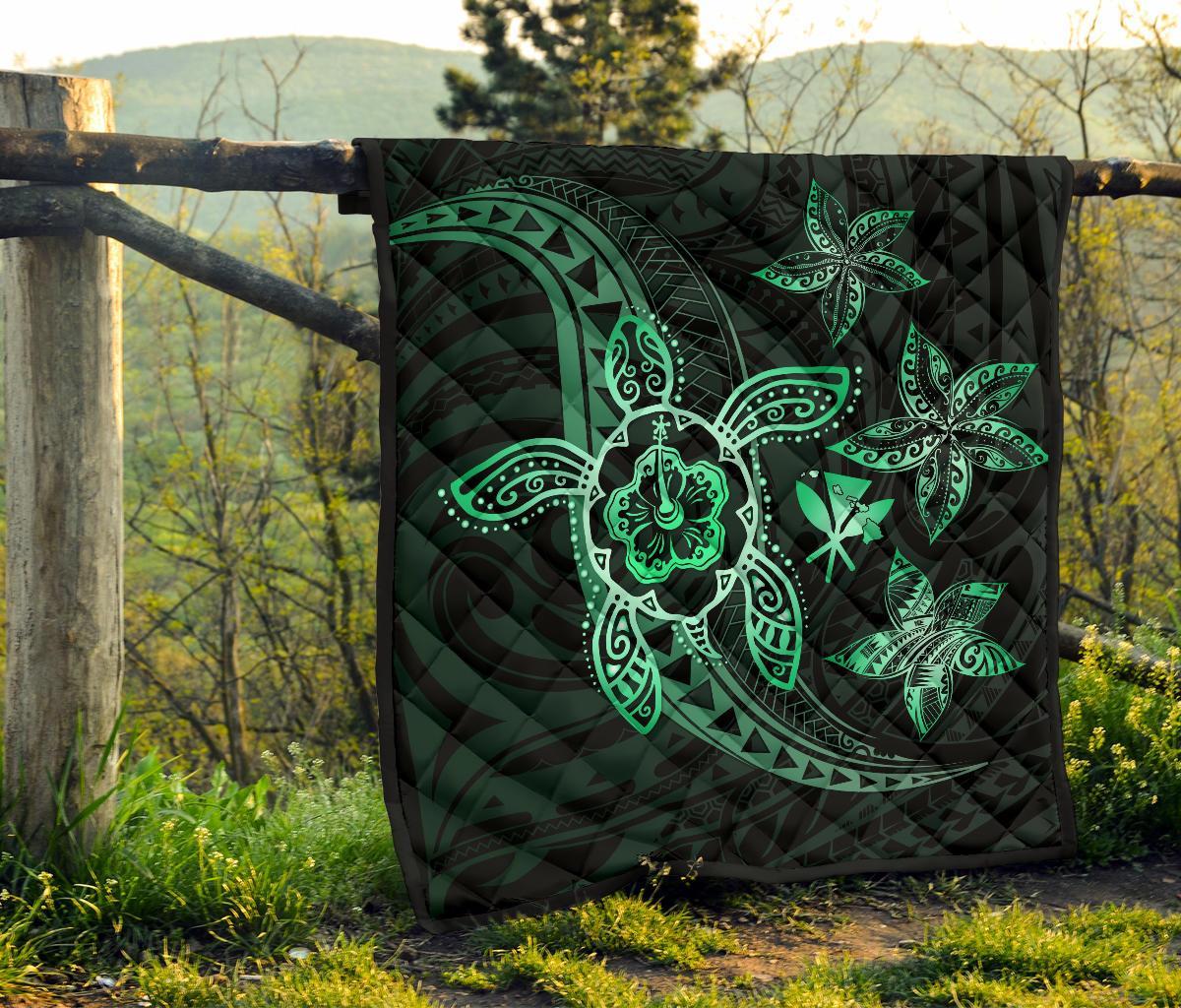 Kanaka Map Hibiscus Plumeria Turtle Art Turquoise Polynesian Premium Quilt - Polynesian Pride