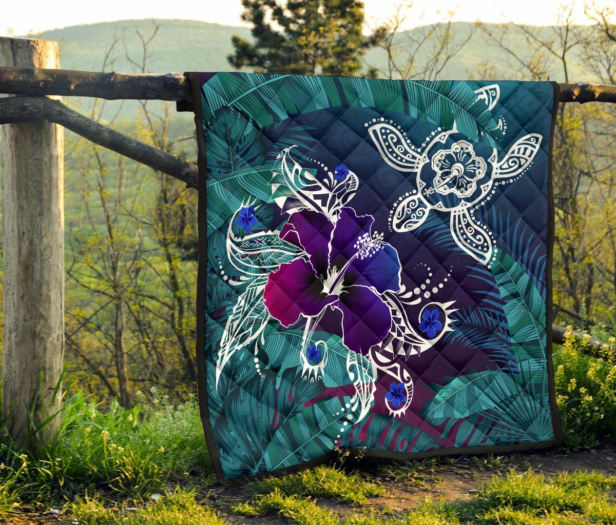 Hawaii Premium Quilt - Hawaii Turtle Flowers And Palms Retro - Polynesian Pride