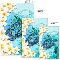 Polynesian Turtle Area Rug, Plumeria with Hibiscus Blue - Polynesian Pride
