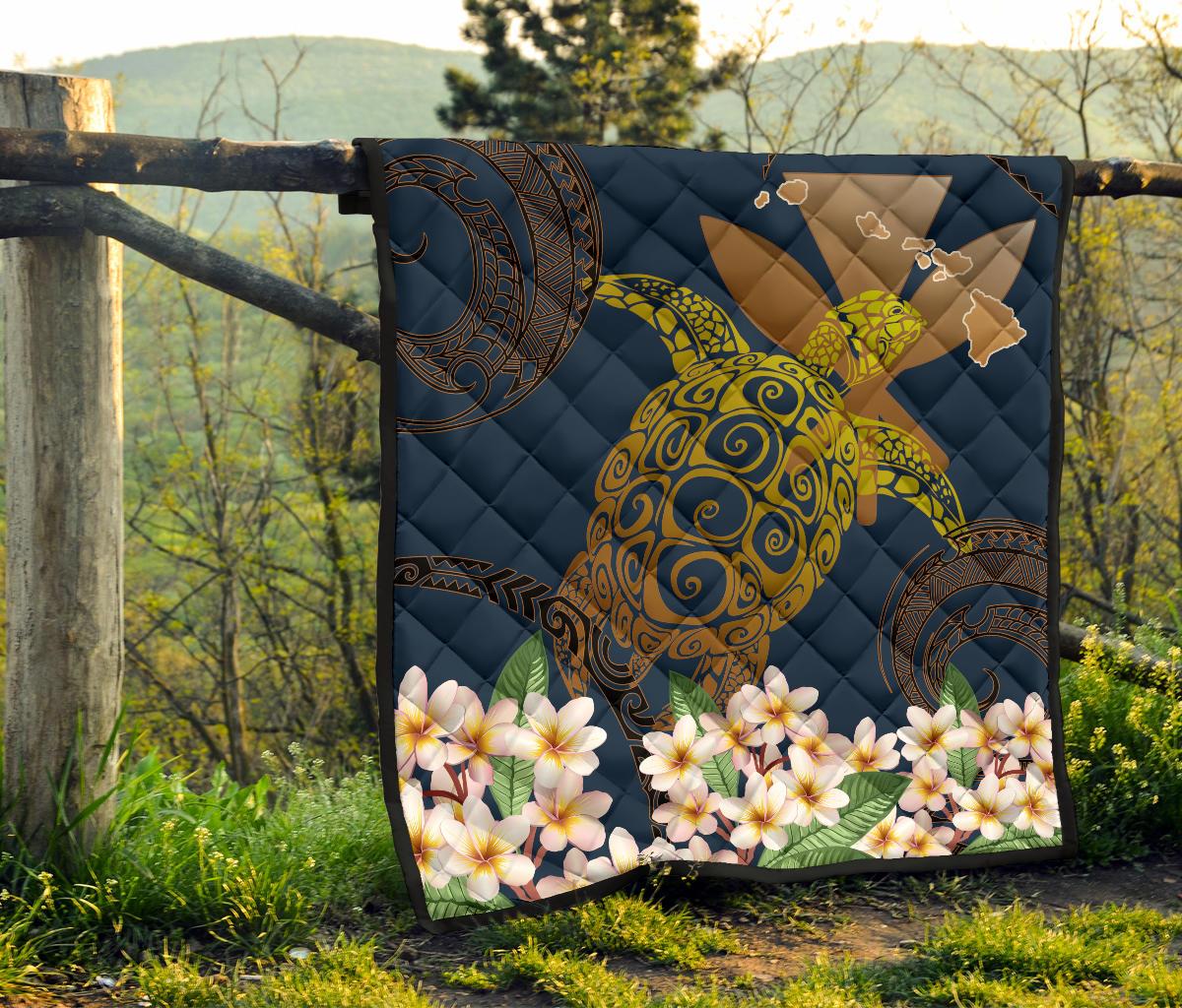 Hawaii Turtle Plumeria Polynesian Kanaka Map - Blue Style - Premium Quilt AH - Polynesian Pride