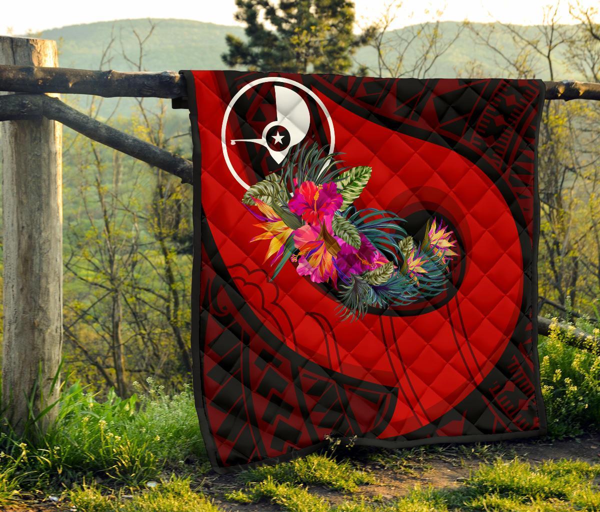 Yap Premium Quilt - Polynesian Hook And Hibiscus (Red) - Polynesian Pride