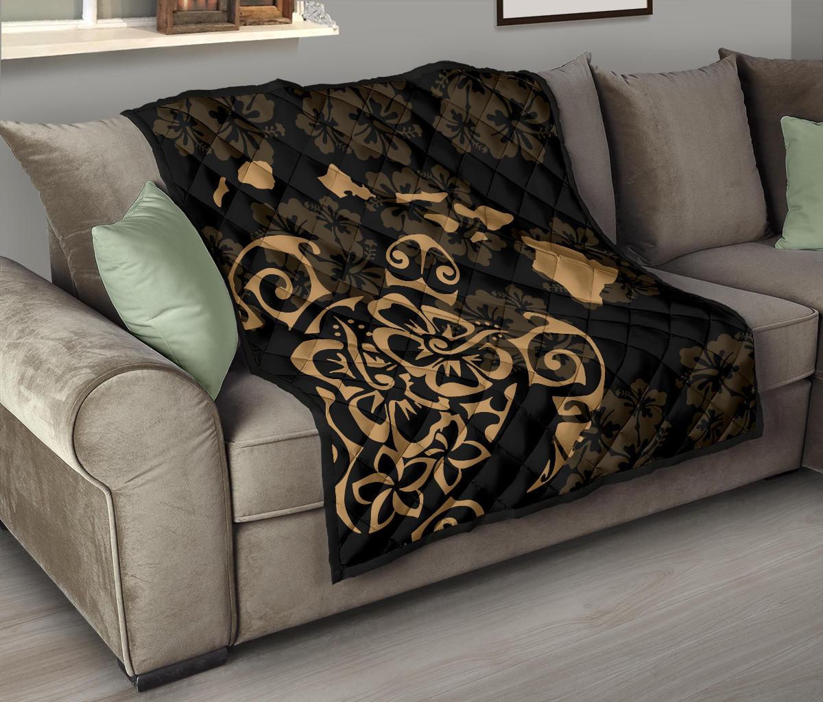 Turtle Hibiscus Map Gold Premium Quilt - Polynesian Pride