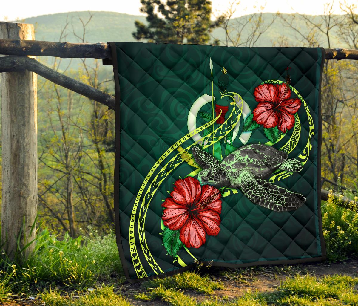 Vanuatu Polynesian Premium Quilt - Green Turtle Hibiscus - Polynesian Pride