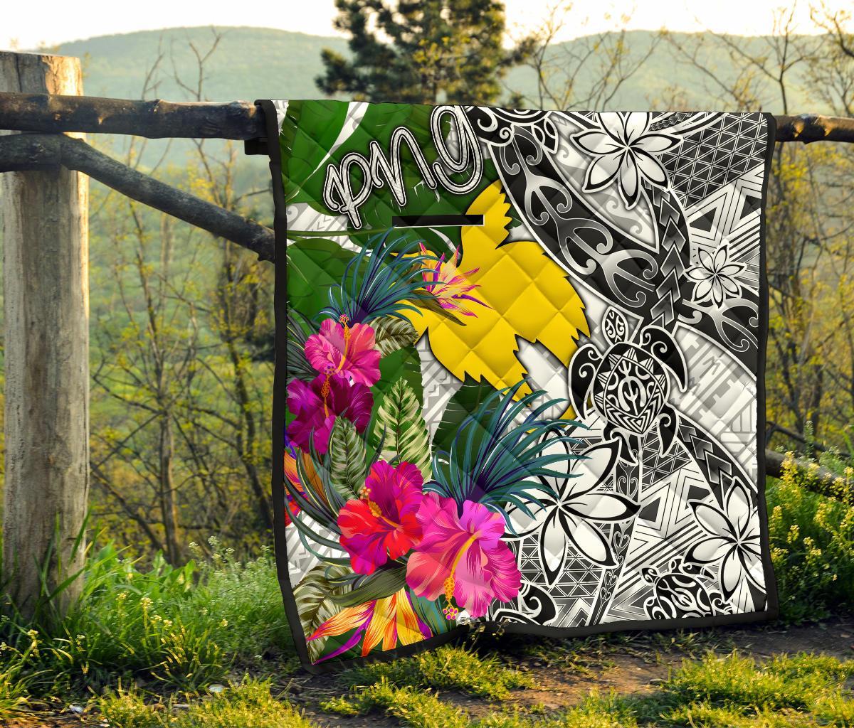 Papua New Guinea Premium Quilt White - Turtle Plumeria Banana Leaf - Polynesian Pride