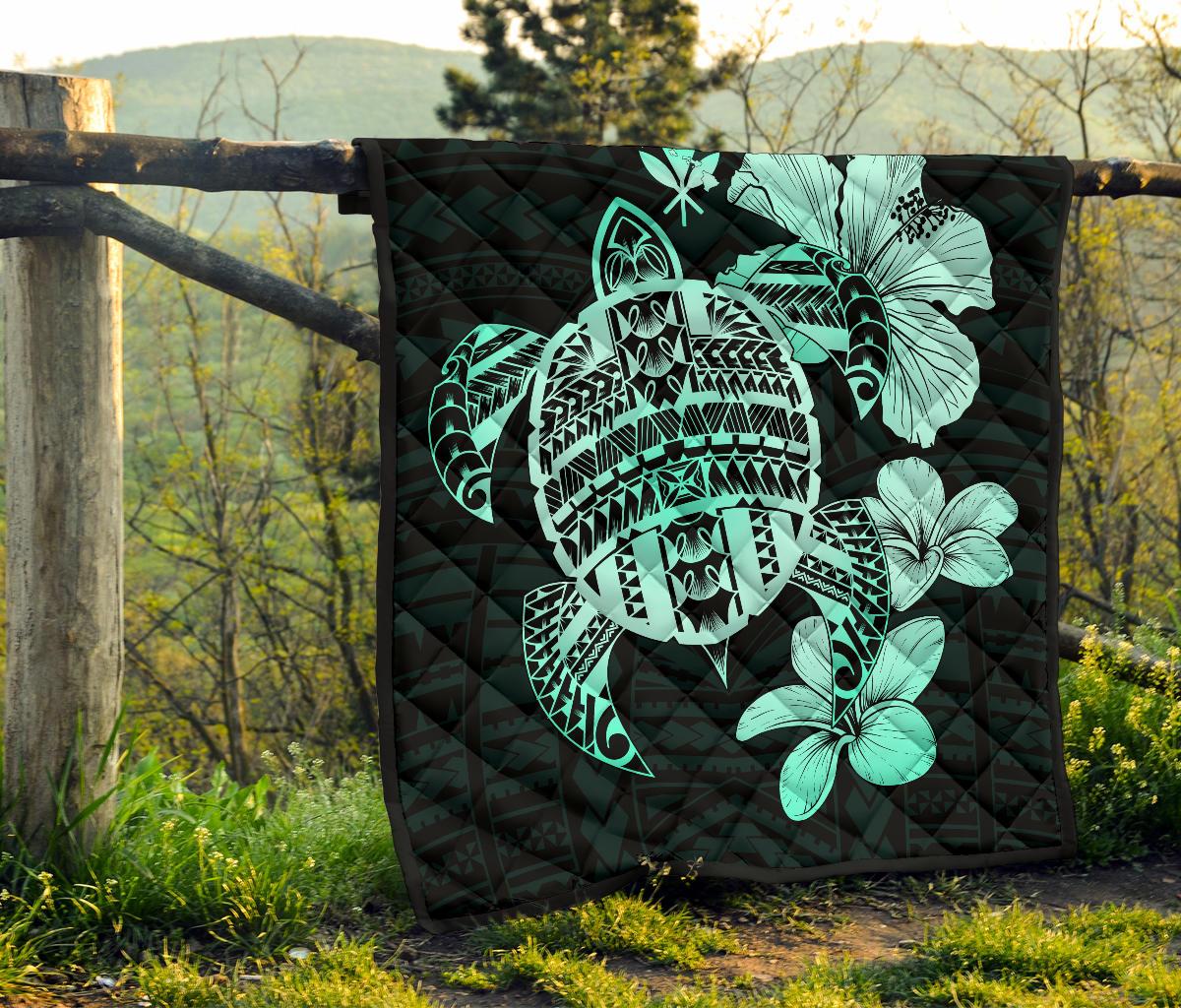 Hawaiian Kanaka Hibiscus Plumeria Mix Polynesian Turtle Premium Quilt Turquoise AH - Polynesian Pride