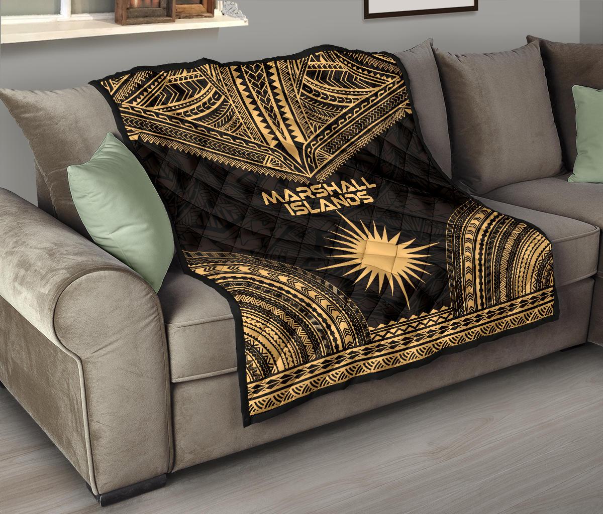 Marshall Islands Premium Quilt - Marshall Islands Flag Polynesian Chief Gold Version - Polynesian Pride