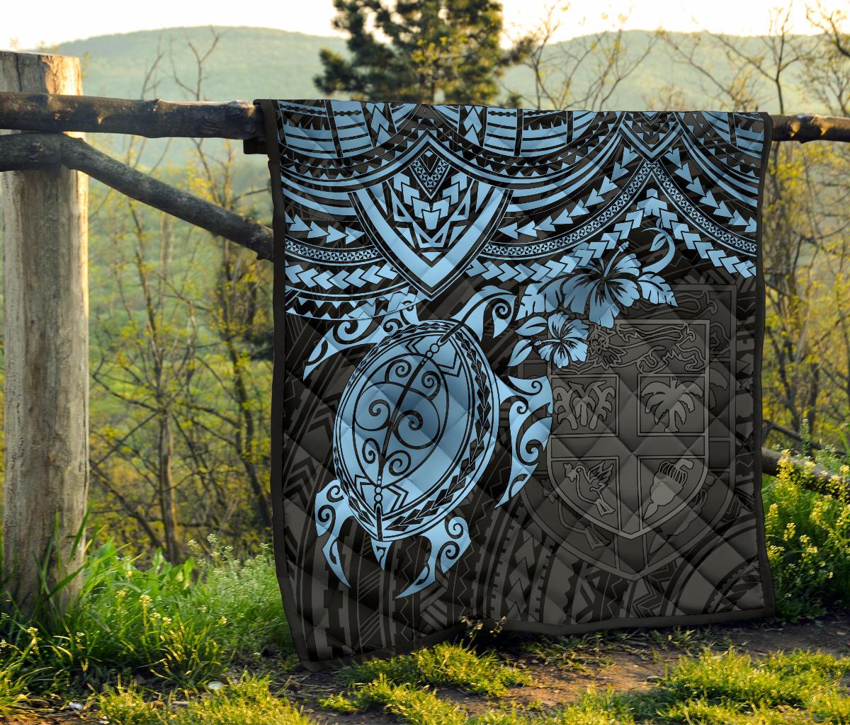 Fiji Polynesian Premium Quilt - Fiji Flag & Blue Turtle Hibiscus - Polynesian Pride