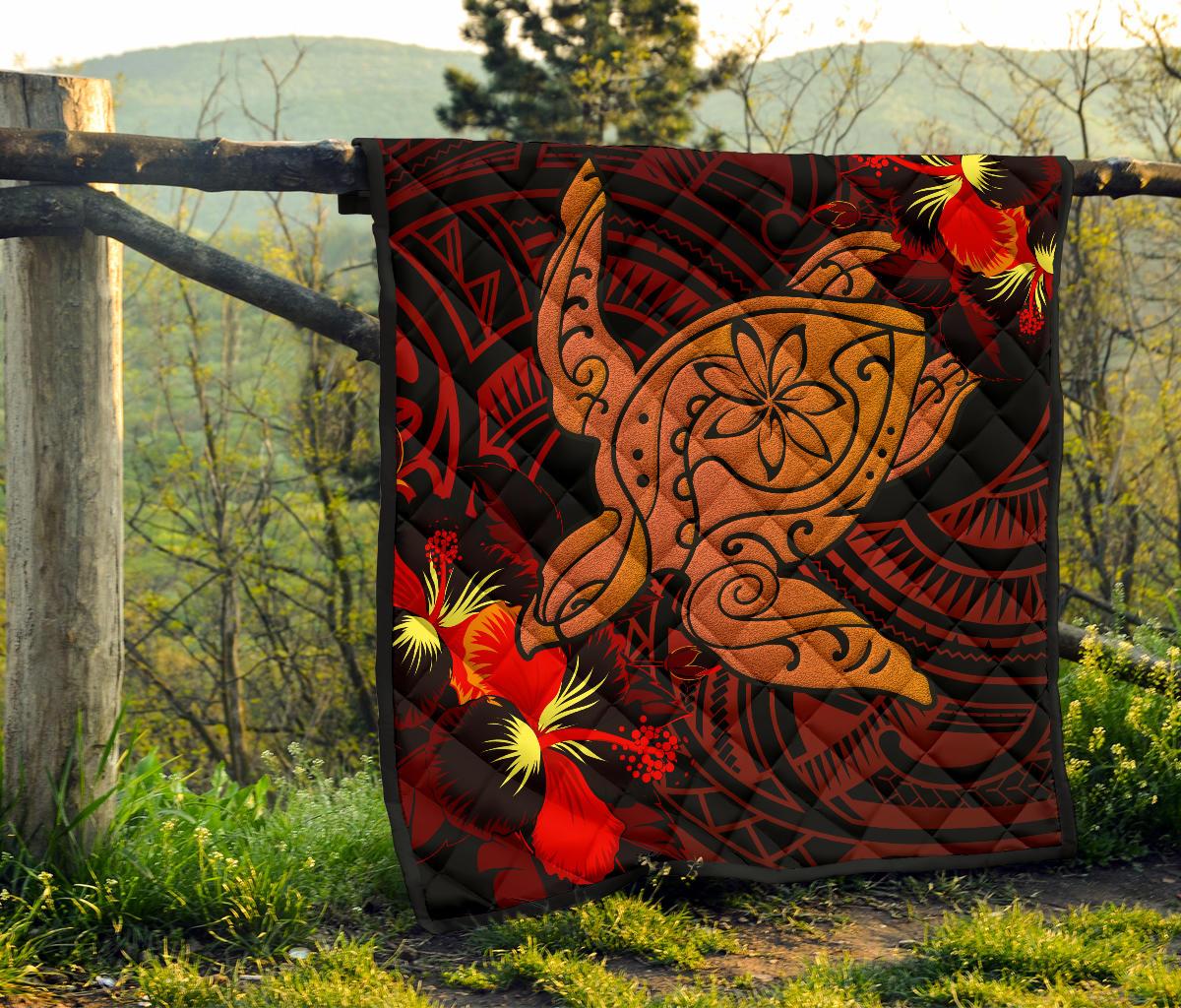 Hawaii Hibiscus Polynesian Red Big Turtle Premium Quilt - Polynesian Pride