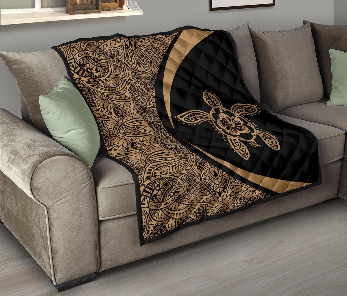 Hawaiian Hibiscus Turtle Polynesian Black Premium Quilt - Circle Style - Polynesian Pride