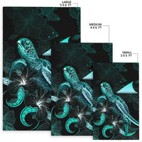 Tokelau Polynesian Area Rugs - Turtle With Blooming Hibiscus Turquoise - Polynesian Pride