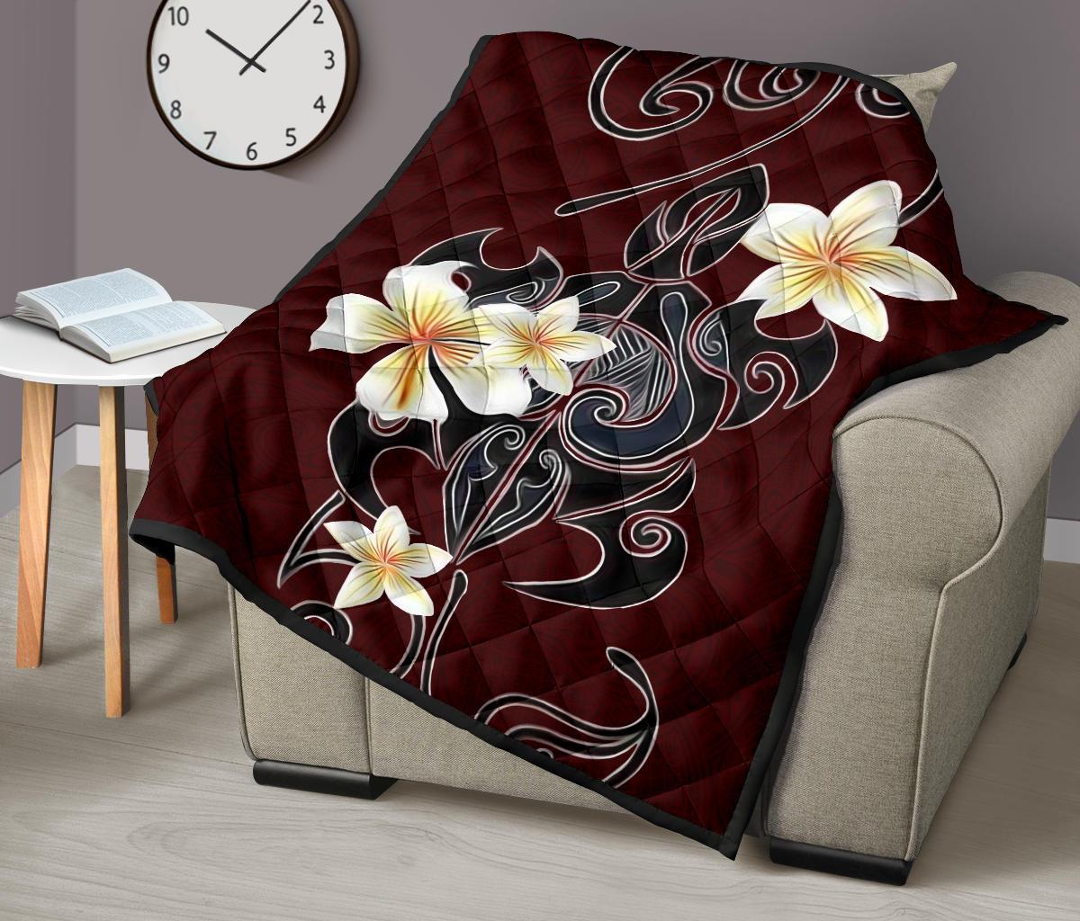 Turtle Poly Tribal Plumeria Red Premium Quilt - Polynesian Pride