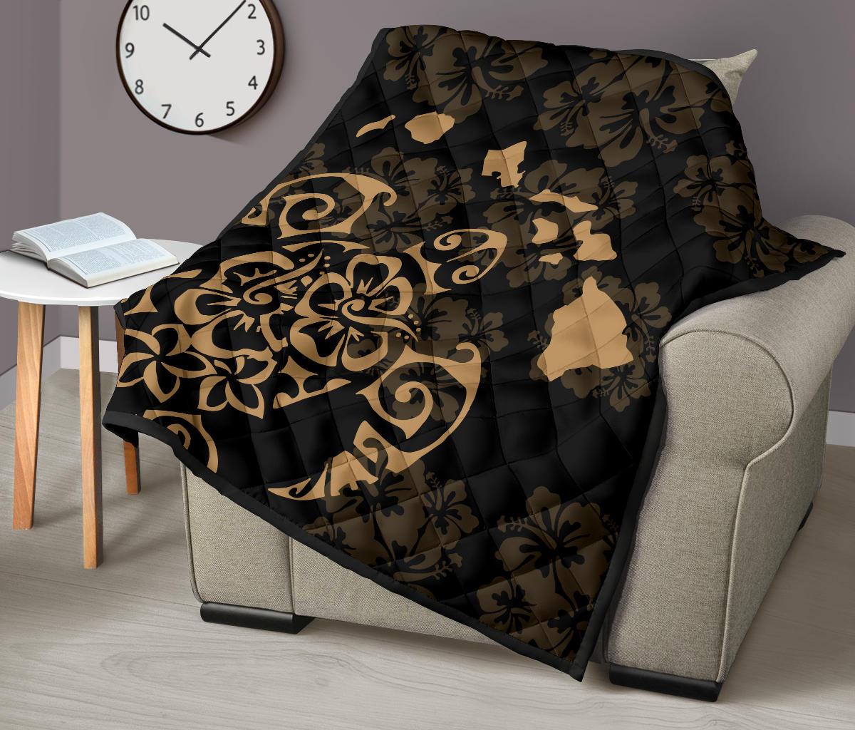 Turtle Hibiscus Map Gold Premium Quilt - Polynesian Pride