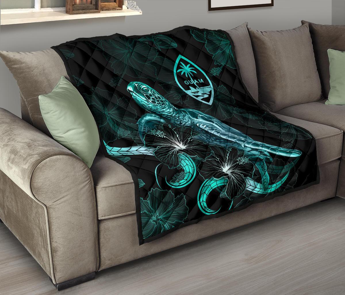 Guam Polynesian Premium Quilt - Turtle With Blooming Hibiscus Turquoise - Polynesian Pride