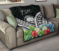 FSM Premium Quilt - FSM Coat of Arms & Polynesian Tropical Flowers White - Polynesian Pride