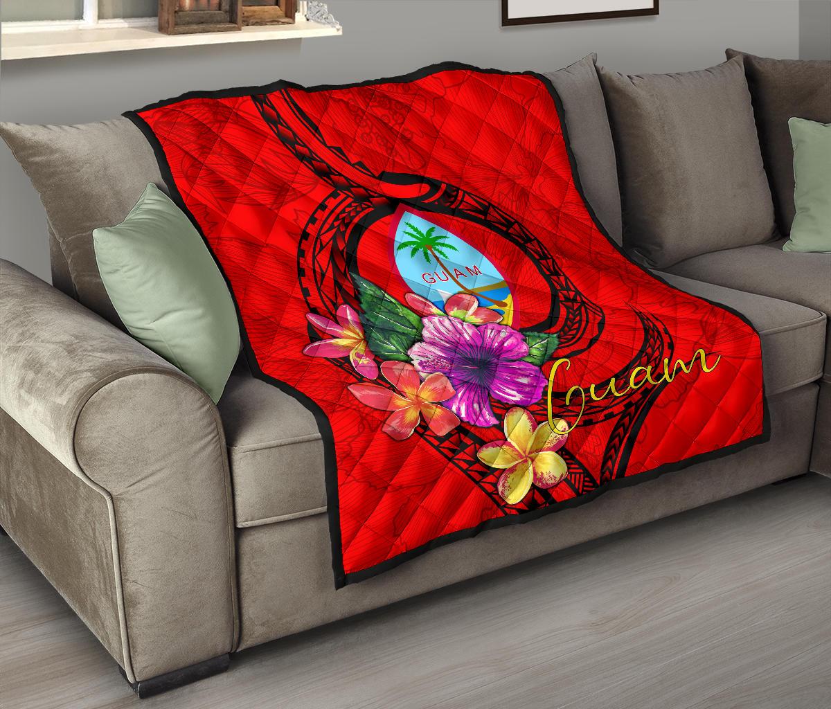 Guam Polynesian Premium Quilt - Floral With Seal Red - Polynesian Pride