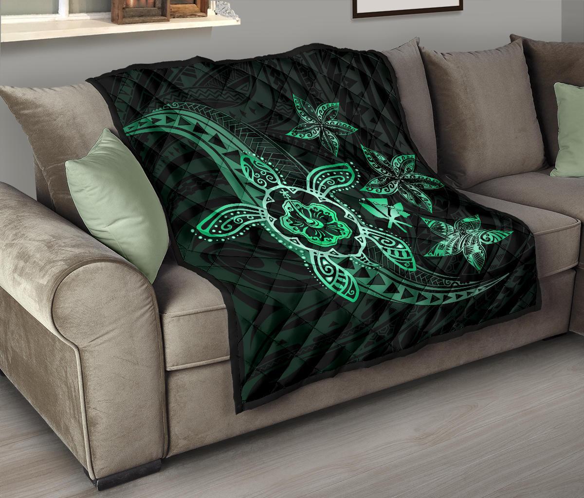 Kanaka Map Hibiscus Plumeria Turtle Art Turquoise Polynesian Premium Quilt - Polynesian Pride