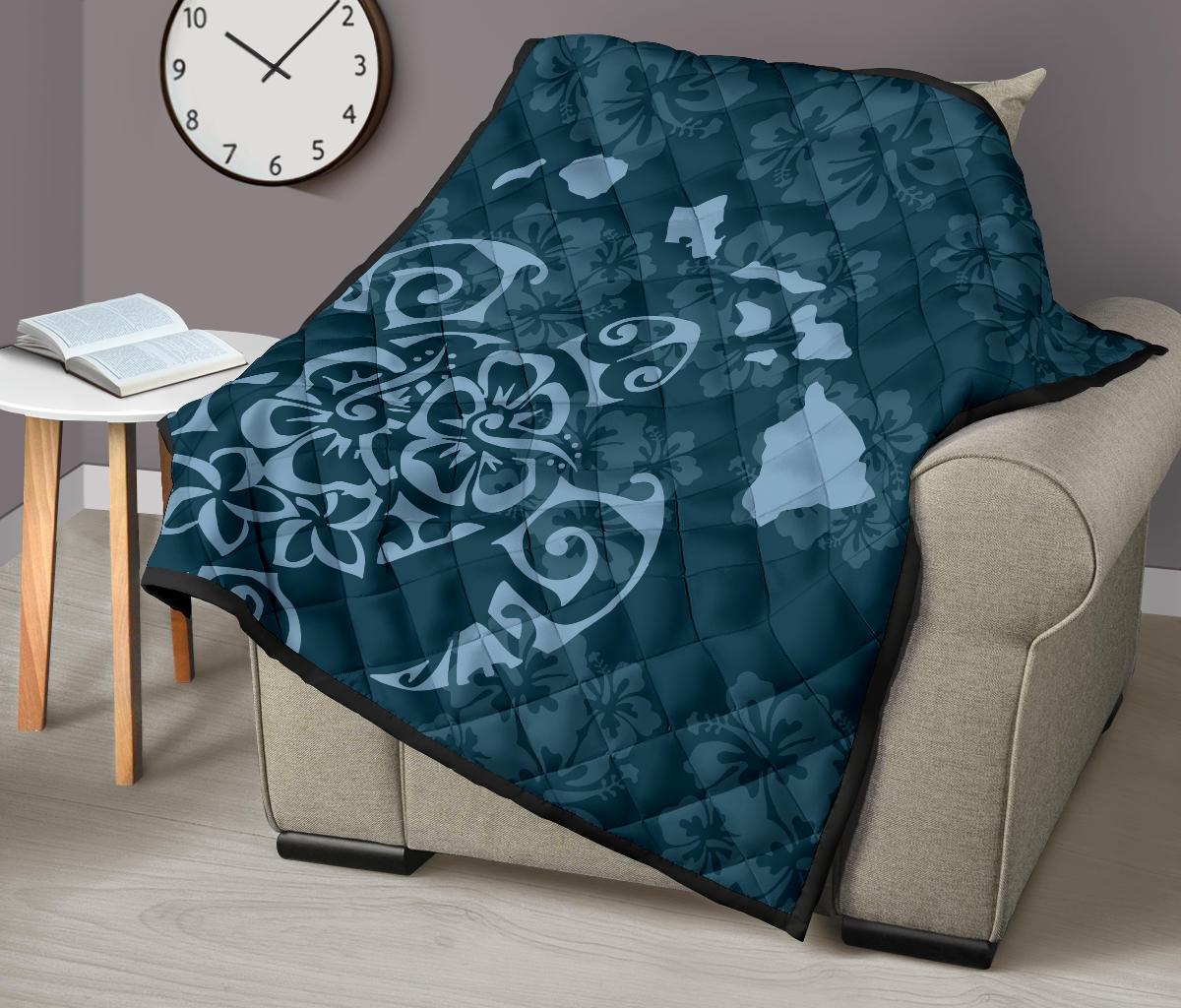 Turtle Hibiscus Map Blue Premium Quilt - Polynesian Pride